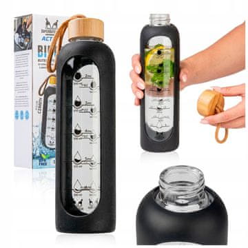 Boca za vodu staklena 1000 ml sa silikonskom futrolom, crna