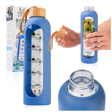 Boca staklena za vodu 1000 ml sa silikonskom futrolom, plava