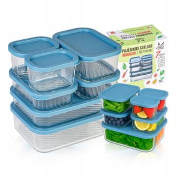 B.U. MODULARNE staklene posude (7 kom) - 2x 310 ml + 2x 520 ml + 1x 750 ml + 1x 1200 ml + 1x 1700 ml s plavim plastičnim poklopcima