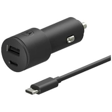 Motorola TurboPower 45W dvostruki USB-A/USB-C auto punjač s 1m USB-C kabelom, crni