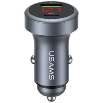 USAMS CC327 aluminijski auto punjač 45W USB-A USB-C tamni