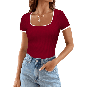 Nikcorp Ženska rebrasta majica kratkih rukava slim fit crvena L, elastična casual bluza od premium pletiva, prozračna pripijena majica za svakodnevne kombinacije, elegantan osnovni komad odjeće za žene