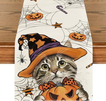 Nikcorp Nadolstolnjak za Halloween, estetski narančasti s motivom mačke i bundeve, 40x240 cm, 100% poliester, idealan za stolove za 6-8 osoba, periv u perilici, za jesenske večere i tematske zabave