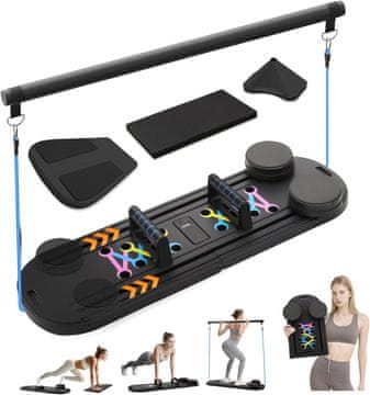 Nikcorp Višenamjenska Pilates Reformer platforma za vježbanje, kućni fitness centar s timerom, trake otpora, ručke za sklekove i štitnici za koljena, nosivost 136 kg, sklopiva, crna, za jačanje core mišića