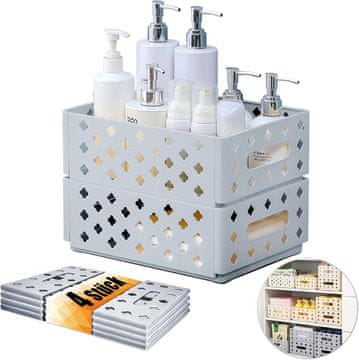 Nikcorp Sklopivi organizator za pohranu set 4 komada sivi 30,5x23,5x11,5 cm, modularna PP plastična kutija za ured, kuhinju i kupaonicu, prozračna ažur konstrukcija za slaganje, višenamjenski spremnik za dom