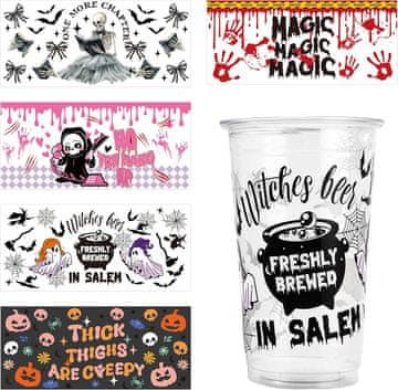 Nikcorp Halloween ukrasne naljepnice set 5 komada DTF vodootporne PVC naljepnice za čaše staklo i plastiku 24x11 cm šareni motivi lubanja bundeva i vještica za dekoraciju glatkih površina visoka kvaliteta