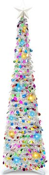 Nikcorp Usko božićno drvce 1.5m sklopivo pop-up s 50 višebojnih LED dioda, timerom i zvijezdom, vitka dekoracija za male prostore, promjer 35.5 cm, napajanje na baterije, jednostavno sklapanje i pohrana