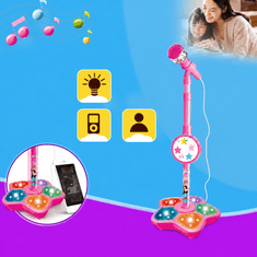 JOJOY® Dječji karaoke mikrofon sa stalkom, svjetlosnim efektima i MP3 priključkom, podesiva visina 70–100 cm | KIDKARA, roza