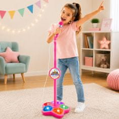 JOJOY® Dječji karaoke mikrofon sa stalkom, svjetlosnim efektima i MP3 priključkom, podesiva visina 70–100 cm | KIDKARA, roza