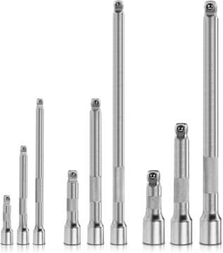 Nikcorp Elastični set produžetaka za nasadne ključeve WOBBLE 9 kom Cr-V srebrni, za 1/4 3/8 1/2 pogon, duljine 50-250 mm, zakretni kut do 15°