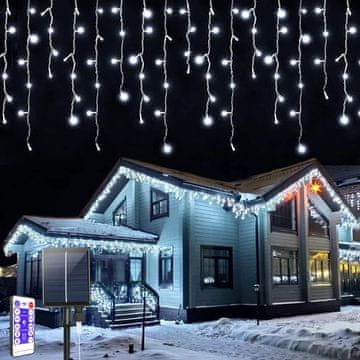 Nikcorp LED solarne svjetlucave zavjese 7 m hladno bijele 256 LED IP44, 32 trake, daljinski, timer 3h 5h 8h, vodootporno dekorativno osvjetljenje za vrt balkon terasu