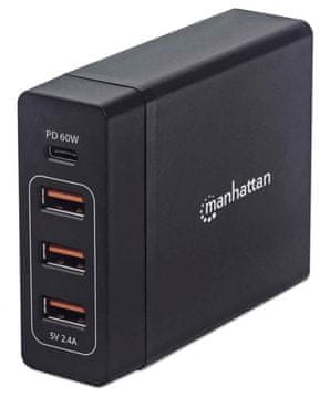 Manhattan stanica za punjenje s 4 priključka – 72 W, 1xUSB-C (PD 3.0) i 3xUSB-A 5 V/2,4 A