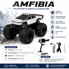 JOJOY® Amfibijski RC automobil 4WD, vožnja po kopnu i vodi, 360° okretanje, 2.4 GHz daljinski upravljač | AMFIBIA