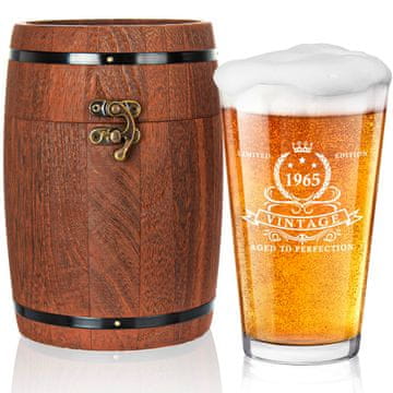 Nikcorp Krigla za pivo poklon 60. rođendan 1965 Limited Edition Vintage Aged to Perfection staklo bez olova 450 ml jubilejni motiv kutija drvena bačva ručno pranje