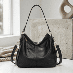 Nikcorp Ženska torba preko ramena Cnoles Casual veganska koža hobo crna, patentni zatvarač, 30 x 11 x 24,5 cm, podesivi odvojivi remen do 72 cm, iPad 9,7