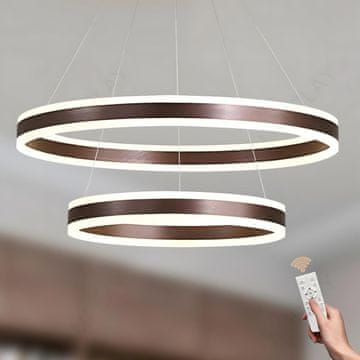 Nikcorp Moderna LED visilica LAMPLAY 65W, 2 smeđa prstena 60 cm, podesiva visina do 150 cm, daljinski upravljač, prigušiva, promjenjiva temperatura boje 3000K-6000K, metal i akril, za dnevni boravak i
