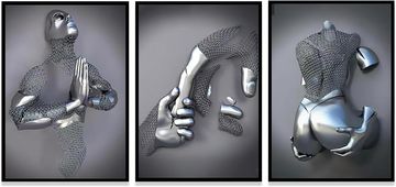 Nikcorp 3D zidna slika set 3 komada Romantični ljubavnici 60x90 cm, moderna apstraktna umjetnost s efektom metalne skulpture, vodootporni dekorativni plakati visoke rezolucije za dnevni boravak i spavaću sobu