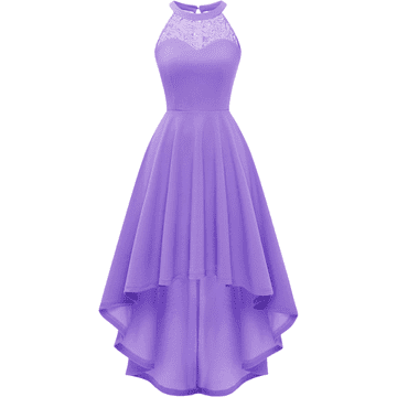 Nikcorp Koktel haljina elegantna ljubičasta high-low A kroj čipkasta halterneck 94% najlon 6% elastan XL lepršavi večernji look zatvarač na leđima