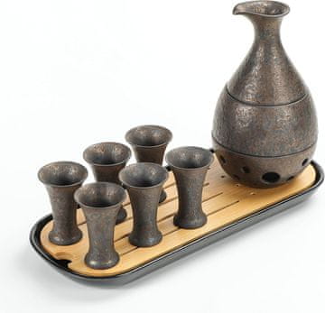 Nikcorp Set za posluživanje sake TEANAGOO tradicionalni keramički vrč 170 ml i 6 šalica 25 ml, bambusno-melaminski pladanj, retro stil, mikrovalna i perilica posuđa, 10 kom