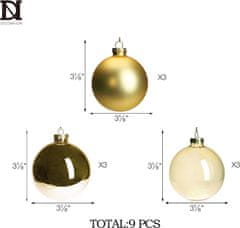 Nikcorp Staklene božićne kuglice set 9 komada zlatne 8 cm, viseći ukrasi za bor, mat sjajne i prozirne, dekoracija za girlande i blagdanske aranžmane, uključene vezice, elegantan set za božićno drvce