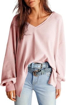 Nikcorp Ženska oversize pletena bluza s vafl teksturom, V-izrez, dugi lantern rukavi, asimetrični kroj, svijetloružičasta, veličina 2XL, prozračno pletivo za svakodnevne elegantne i casual modne kombinacije