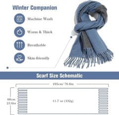 Nikcorp Dvostrani zimski šal pashmina unisex, mekani modni dodatak za jesen i zimu, dimenzije 196x62 cm, tamnoplava i tamnosiva boja, veličina L, elegantan dizajn, 300g, idealan za poklon, 60% poliester