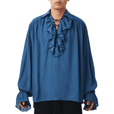 Nikcorp Muška gusarska košulja GRACEART viktorijanski stil, pamuk i lan, tamnoplava, za cosplay, steampunk i gotički kostim, oversize kroj s volanima i vezanjem, prozračna povijesna odjeća, veličina XS