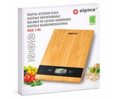 Alpina digitalna kuhinjska vaga, 5 kg, LCD zaslon, funkcija TARA, automatsko uključivanje/isključivanje, bambus, smeđa