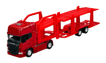 WELLY SCANIA V8 R730 crveni + auto-transporter 1:64 68023