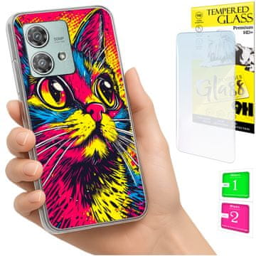 Etui za Motorola Edge 40 Neo, maska foto plecić mačke + staklo 9h