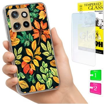 Etui za Motorola Edge 50 Neo, obloga foto, pleći s lišćem + staklo 9h