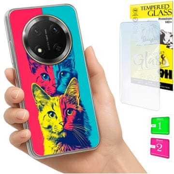 Etui za Honor Magic7 Lite maska foto case poleđina grafika mačke + staklo