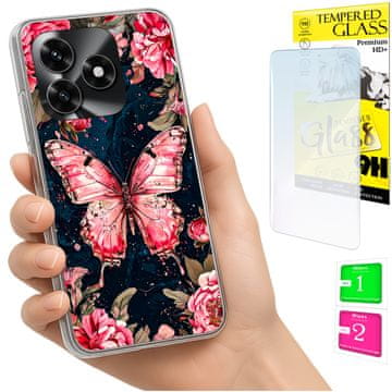 Etui za Honor X5C Plus / X5C 4G, obloga foto, leđa leptir + staklo 9h