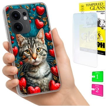 Fotoulje za Oppo Reno 13F 5G / 13 FS 5G, stražnja maska s mačkom + staklo