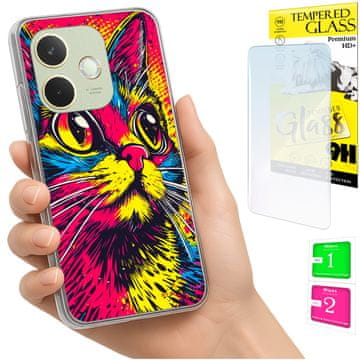 Etui za Oppo A5 Pro, obloga foto, korice s grafikom mačke i staklo 9h