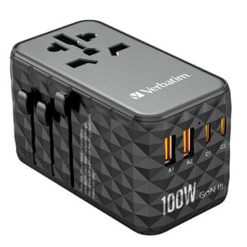 Verbatim Verbatim UTA-06 putni adapter 100W GaN III, 2xUSB-C PD/QC 4+, 2xUSB-A QC 3.0, crni