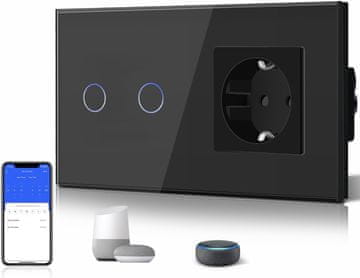 LifeSmart EU pametni 2-kanalni Wi-Fi prekidač s utičnicom, 157 mm, crni