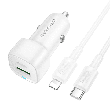 Borofone BZ34B auto punjač Type C (20W) USB A (18W) PD 38W QC 3.0 s kablom Type C - Lightning 1m - bijeli