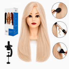 Blu Jessica glava za frizerski trening, ljudska kosa, 55 cm + stalak