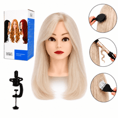 Blu Jessica glava za frizerski trening, ljudska kosa, 40 cm + stalak