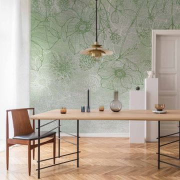 Artgeist Fototapeta - Cvjetna livada - priroda s lineartom divljeg cvijeća na zelenoj pozadini
