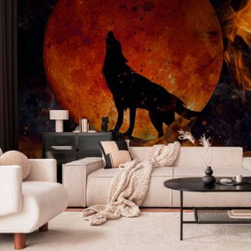 Artgeist Foto tapeta - Divlja priroda - vuk na pozadini crvenog mjeseca u plamenu vatre