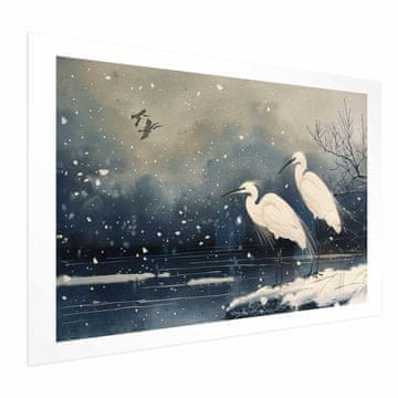 Artgeist Poster - Čaplje kraj Zimskog ribnjaka - ilustracija u japanskom stilu u tamnim bojama