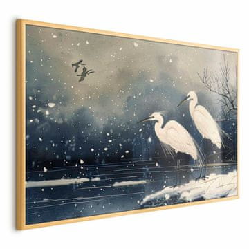Artgeist Poster - Čaplje kraj Zimskog ribnjaka - ilustracija u japanskom stilu u tamnim bojama