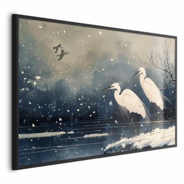 Artgeist Poster - Čaplje kraj Zimskog ribnjaka - ilustracija u japanskom stilu u tamnim bojama