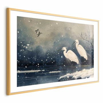 Artgeist Poster - Čaplje kraj Zimskog ribnjaka - ilustracija u japanskom stilu u tamnim bojama