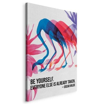 Artgeist Slika - Šareni flamingosi - inspirativan citat sa šarenim siluetama ptica / Šareno ponavljanje - tri siluete flamingosa i inspirativan citat