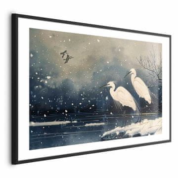Artgeist Poster - Čaplje kraj Zimskog ribnjaka - ilustracija u japanskom stilu u tamnim bojama