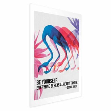 Artgeist Poster - Šareno ponavljanje - tri siluete flaminga i inspirativan citat