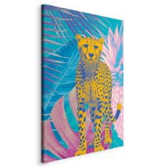Artgeist Egzotična slika leoparda - Šareni portret geparda na pozadini tropskog lišća